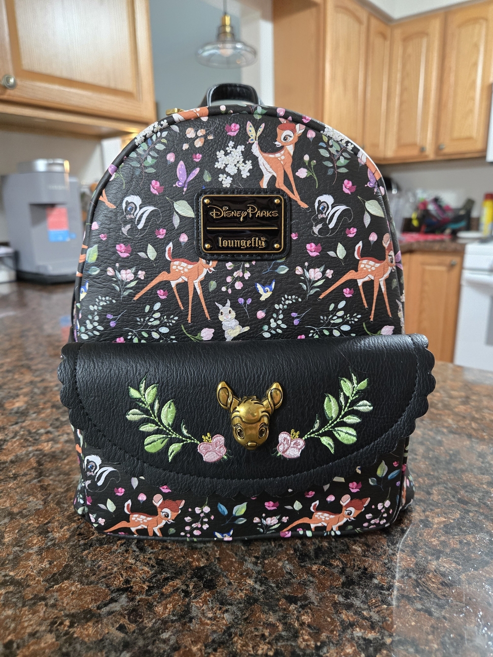 Loungefly Disney Black Bambi Floral Mini Backpack with Gold Accent